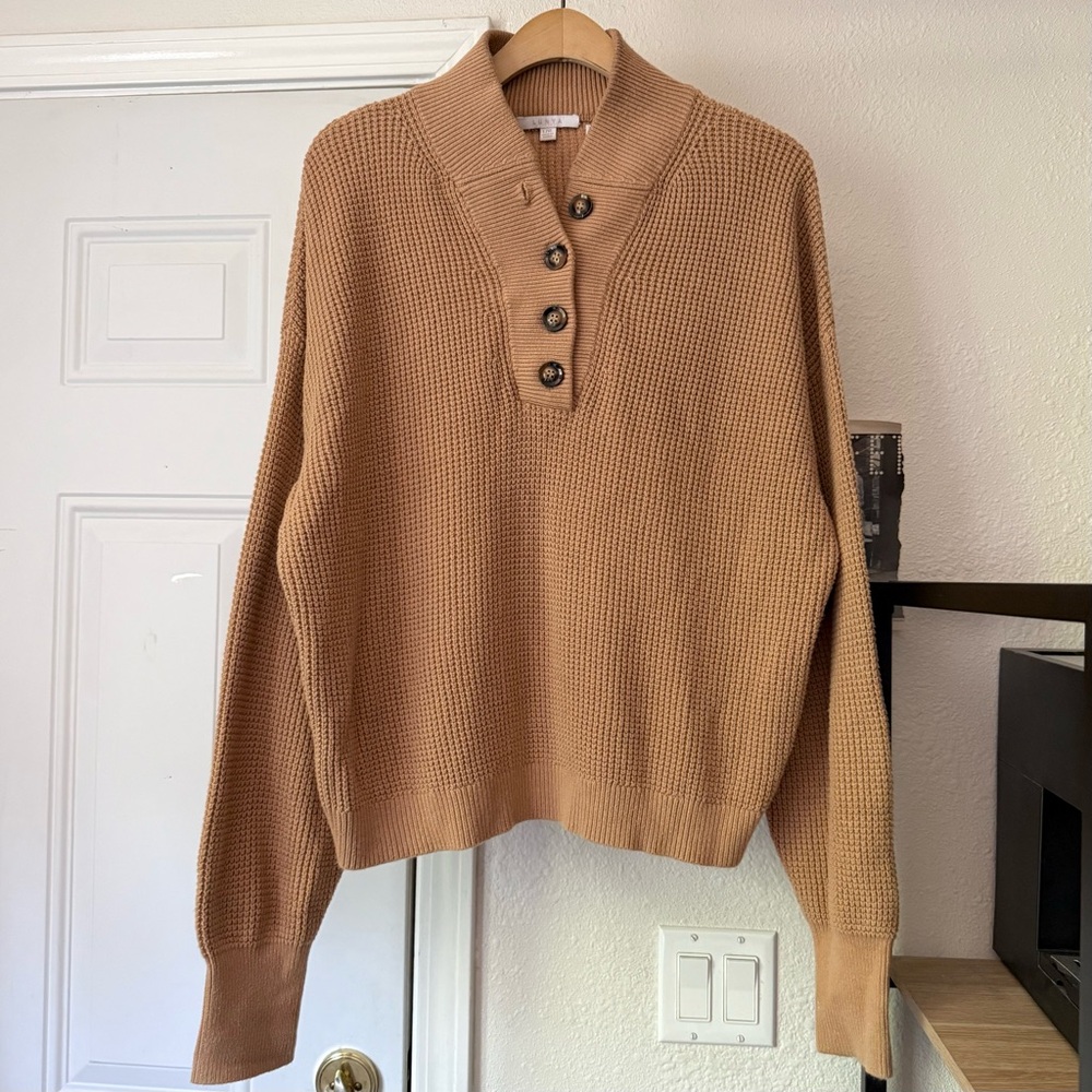 LUNYA tan chunky knit cotton silk blend popover oversized boxy sweater